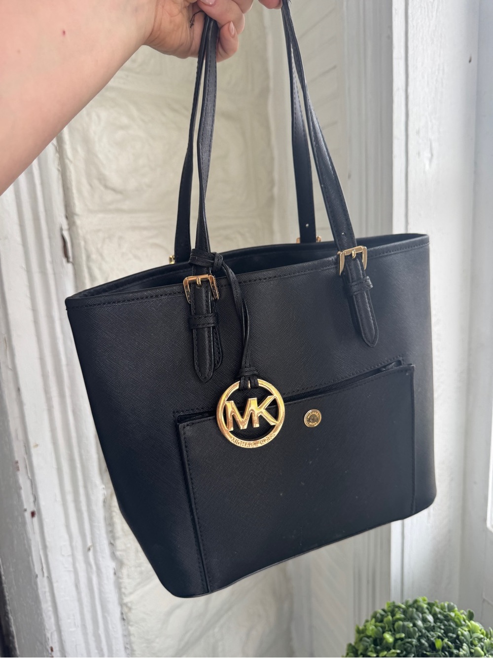 Michael Kors Black Leather Tote with Gold MK Charm